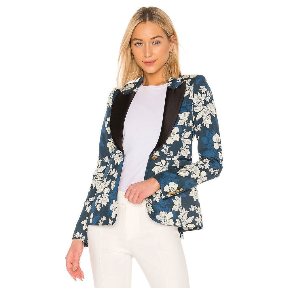 Smythe Blocked Peaked Lapel Floral Blazer Single Breasted Jacket Blue Hawaii 4